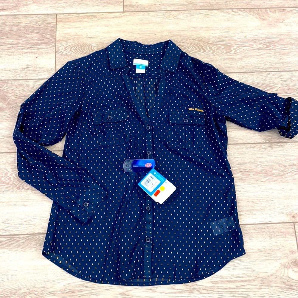 NWT’S WVU WV MOUNTAINEERS SHEER COLUMBIA BUTTON UP TOP SIZE MEDIUM